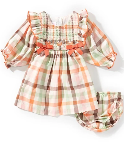 Bonnie Jean Baby Girls 3/4 Sleeve Plaid Pumpkin Embroidered Smocked Dress