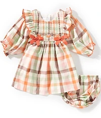 Bonnie Jean Baby Girls 3/4 Sleeve Plaid Pumpkin Embroidered Smocked Dress
