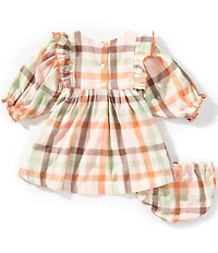 Bonnie Jean Baby Girls 3/4 Sleeve Plaid Pumpkin Embroidered Smocked Dress