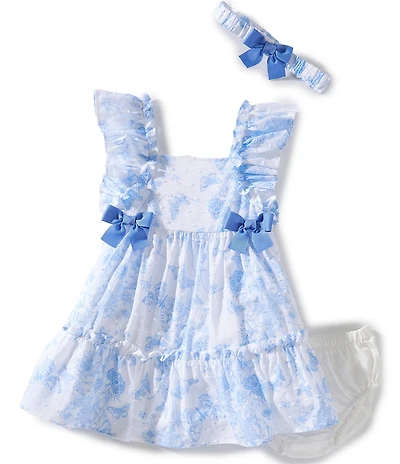 Bonnie Jean Baby Girls Flutter-Sleeve Butterfly/Toile/Clip-Dot Patterned Fit-And-Flare Dress