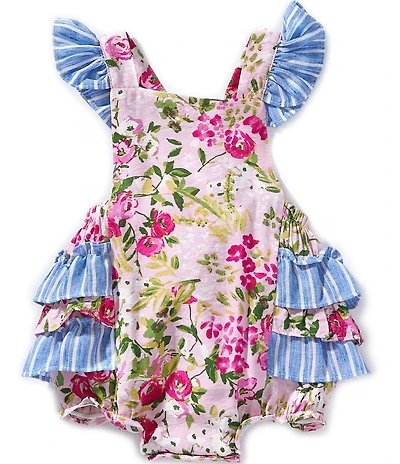 Bonnie Jean Baby Girls Flutter Sleeve Floral Striped Mixed Media Printed Bubble Romper