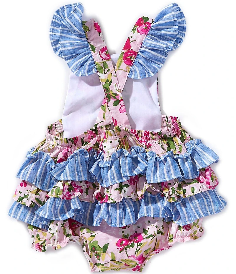 Bonnie Jean Baby Girls Flutter Sleeve Floral Striped Mixed Media Printed Bubble Romper