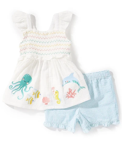 Bonnie Jean Baby Girls Flutter-Sleeve Sea Creatures Gauze Tank Top & Striped Shorts Set