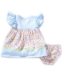 Bonnie Jean Baby Girls Flutter Sleeve Stripe Floral Print Bunny Appliques And 3D Cotton Tail Dress