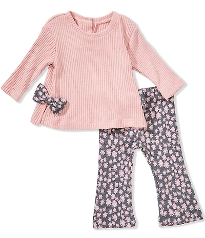 Bonnie Jean Baby Girls Long Sleeve Bow-Accented Top & Daisy Jacquard Flare-Leg Pants Set
