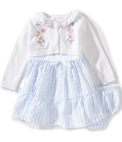 Bonnie Jean Baby Girls Long-Sleeve Floral-Embroidered Knit Cardigan & Sleeveless Striped Seersucker Fit-And-Flare Dress Set