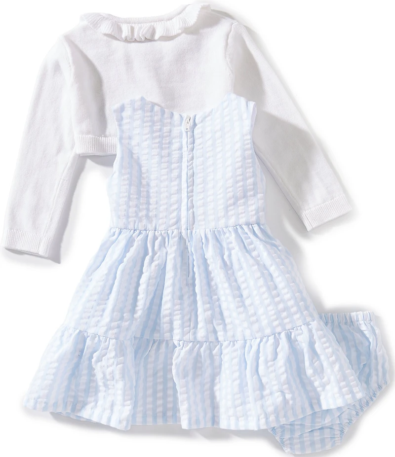 Bonnie Jean Baby Girls Long-Sleeve Floral-Embroidered Knit Cardigan & Sleeveless Striped Seersucker Fit-And-Flare Dress Set