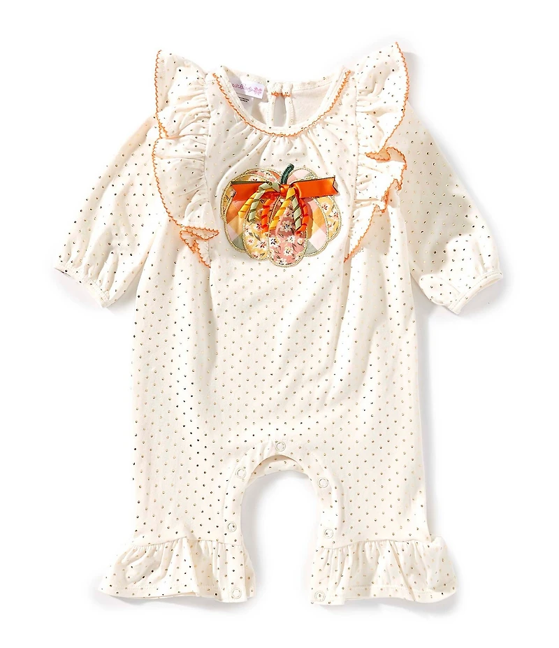 Bonnie Jean Baby Girls Long-Sleeve Foiled-Dot Pumpkin-Appliqued Coverall