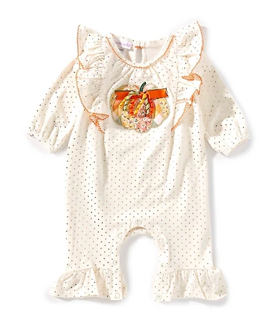 Bonnie Jean Baby Girls Long-Sleeve Foiled-Dot Pumpkin-Appliqued Coverall
