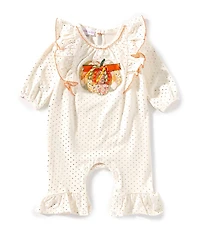 Bonnie Jean Baby Girls Long-Sleeve Foiled-Dot Pumpkin-Appliqued Coverall