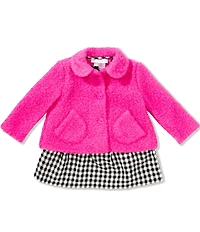 Bonnie Jean Baby Girls Long-Sleeve Solid Faux-Sherpa Coat & Sleeveless Plaid Fit-And-Flare Dress