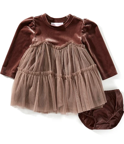 Bonnie Jean Baby Girls Long-Sleeve Stretch Velvet/Tiered Mesh Skirted Float Dress
