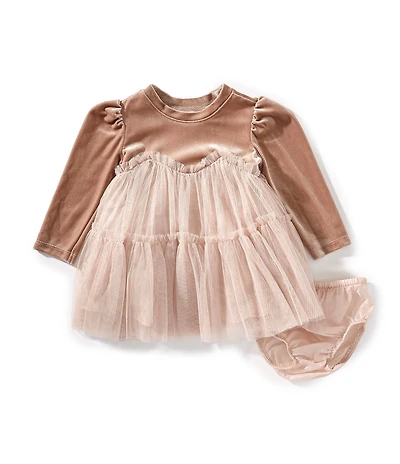 Bonnie Jean Baby Girls Long-Sleeve Stretch Velvet/Tiered Mesh Skirted Float Dress