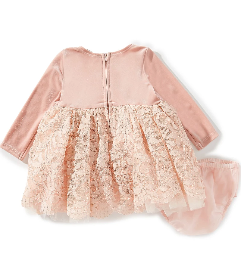 Bonnie Jean Baby Girls Long-Sleeve Velvet-Bodice/Foiled-Lace-Skirted Fit-And-Flare Dress