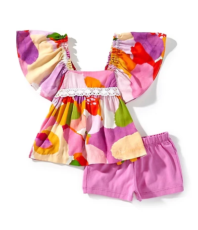 Bonnie Jean Baby Girls Bell-Sleeve Printed Lace-Trimmed Peasant Top & Solid Knit Shorts Set