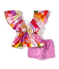 Bonnie Jean Baby Girls Bell-Sleeve Printed Lace-Trimmed Peasant Top & Solid Knit Shorts Set