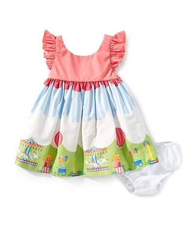 Bonnie Jean Baby Girls Flutter-Sleeve Solid Bodice/Carnival-Border-Printed-Skirted Fit-And-Flare Dress