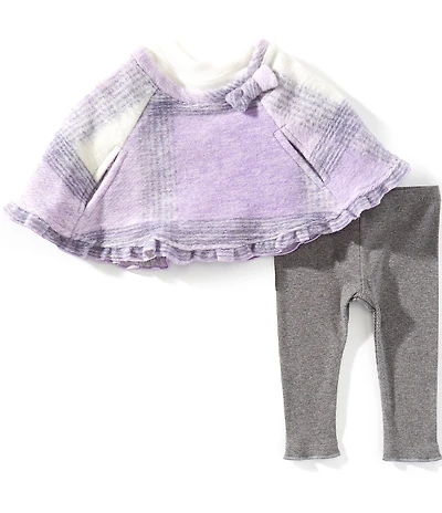 Bonnie Jean Baby Girls Plaid Brushed-Fleece Poncho, Long-Sleeve Solid Knit Top & Solid Rib-Knit Leggings Set