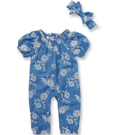 Bonnie Jean Baby Girls Raglan Sleeve Floral Embroidered Chambray Coverall