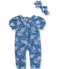 Bonnie Jean Baby Girls Raglan Sleeve Floral Embroidered Chambray Coverall