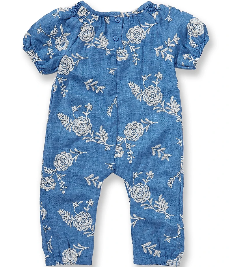 Bonnie Jean Baby Girls Raglan Sleeve Floral Embroidered Chambray Coverall