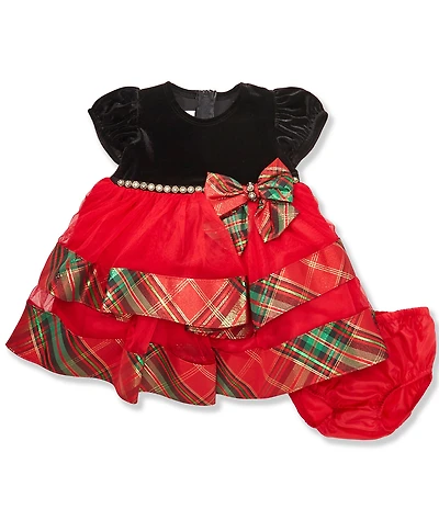 Bonnie Jean Baby Girls Short-Sleeve Velvet Bodice/Taffeta-Skirted Fit-And-Flare Dress