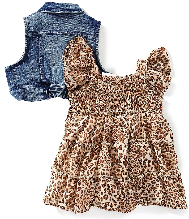 Bonnie Jean Baby Girls Sleeveless Denim Vest & Flutter-Sleeve Leopard-Printed Chiffon Dress