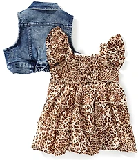 Bonnie Jean Baby Girls Sleeveless Denim Vest & Flutter-Sleeve Leopard-Printed Chiffon Dress