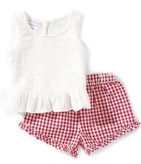 Bonnie Jean Baby Girls Sleeveless Smocked Patterned Tank Top & Gingham-Printed Shorts Set