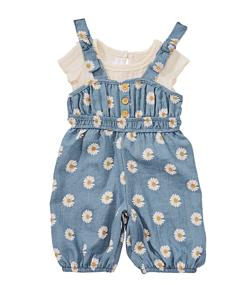 Bonnie Jean Baby Girls Tie-Accented-Shoulder Daisy-Printed Chambray Coverall & Short Sleeve Knit T-Shirt Set