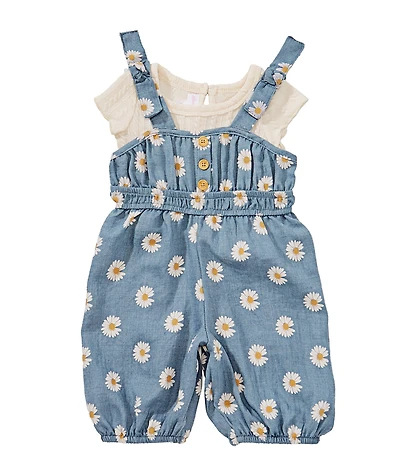 Bonnie Jean Baby Girls Tie-Accented-Shoulder Daisy-Printed Chambray Coverall & Short Sleeve Knit T-Shirt Set