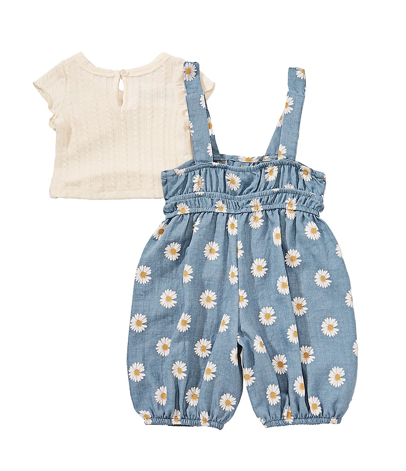 Bonnie Jean Baby Girls Tie-Accented-Shoulder Daisy-Printed Chambray Coverall & Short Sleeve Knit T-Shirt Set