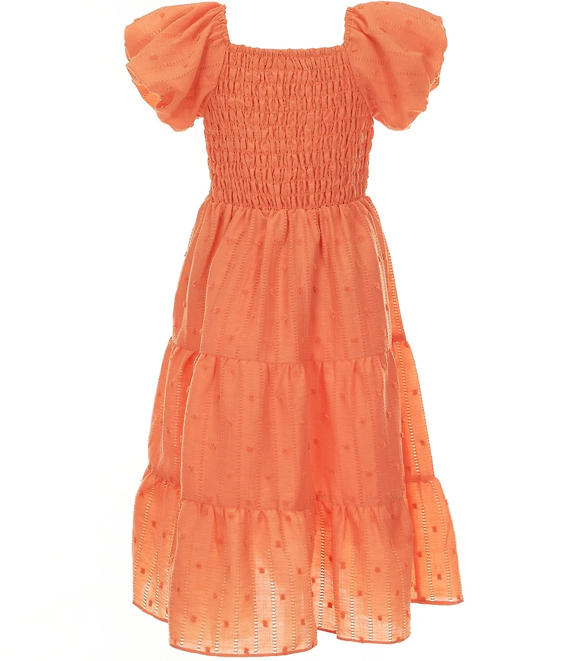Bonnie Jean Big Girls Balloon-Sleeve Smocked-Bodice/Tiered-Skirted Textured Woven A-Line Dress