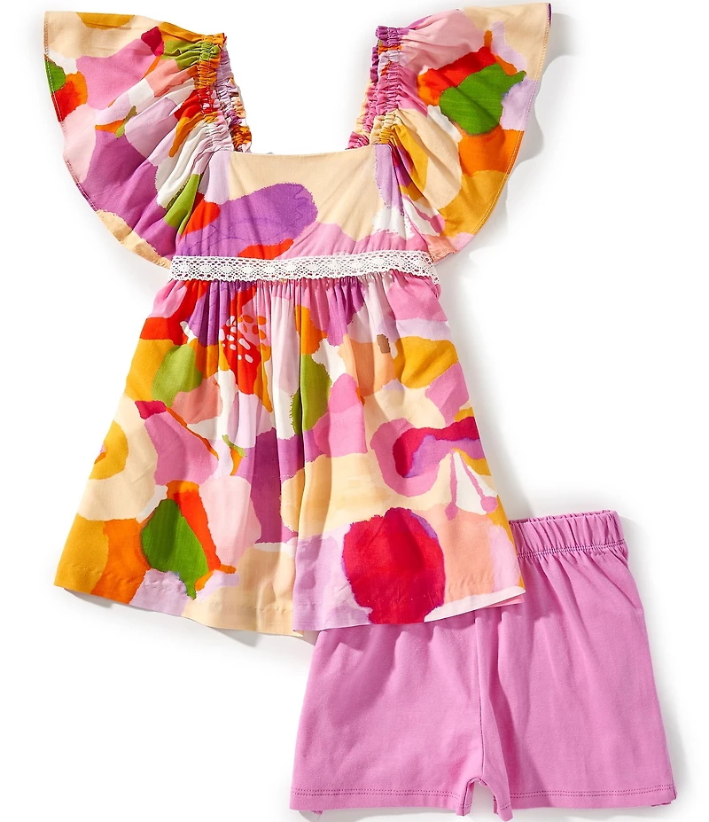Bonnie Jean Big Girls Printed Bell Sleeve Peasant Lace Trim Top & Solid Knit Short
