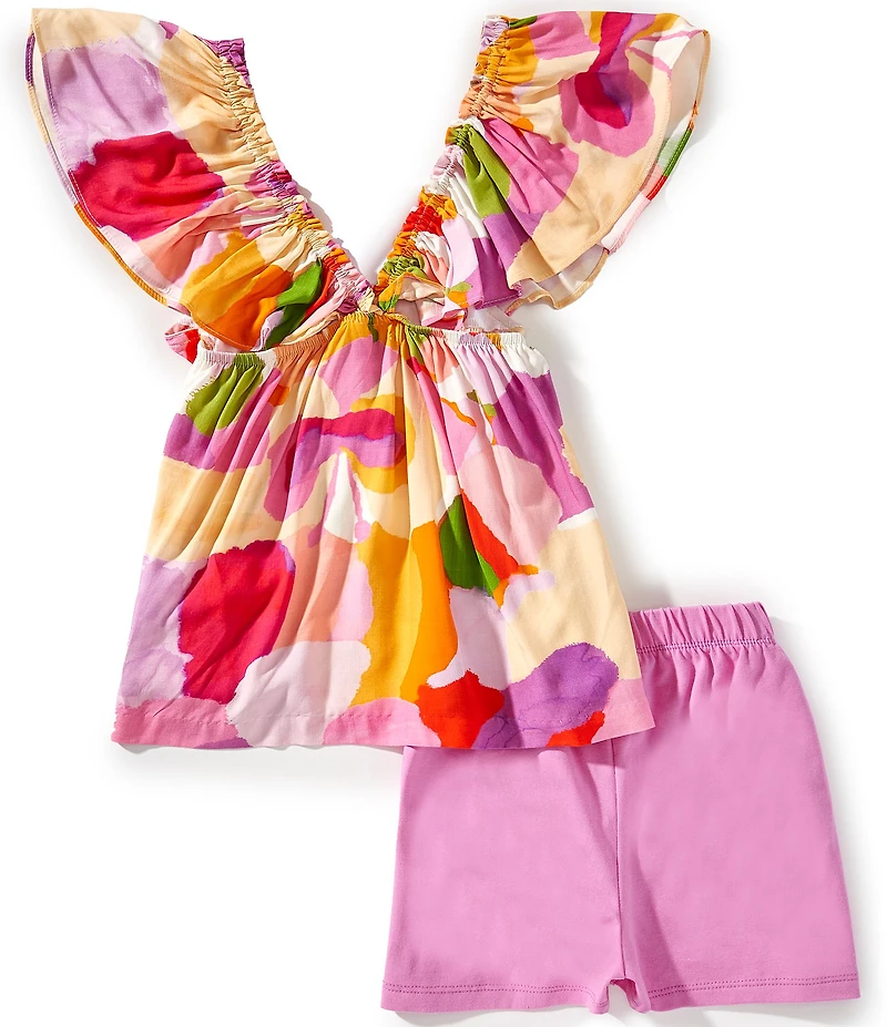 Bonnie Jean Big Girls Printed Bell Sleeve Peasant Lace Trim Top & Solid Knit Short
