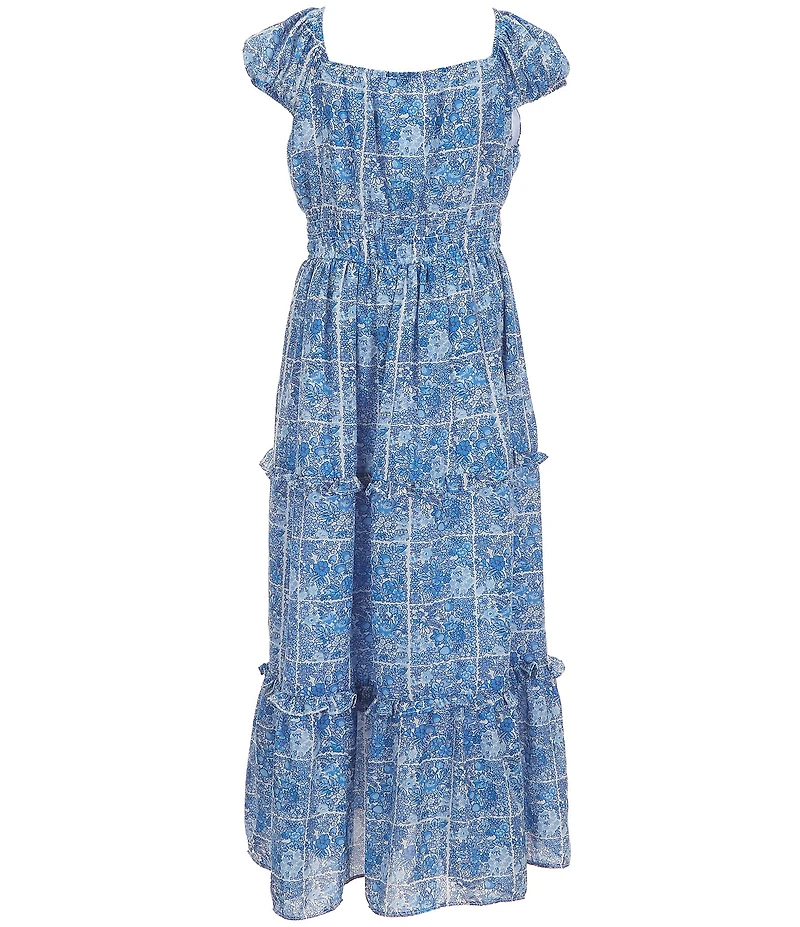 Bonnie Jean Big Girls Cap Sleeve Floral/Grid-Printed Tiered Long Peasant Dress