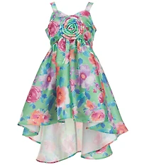 Bonnie Jean Big Girls Floral Print Shimmer Mikado Sweetheart Neckline High-Low Hem Dress