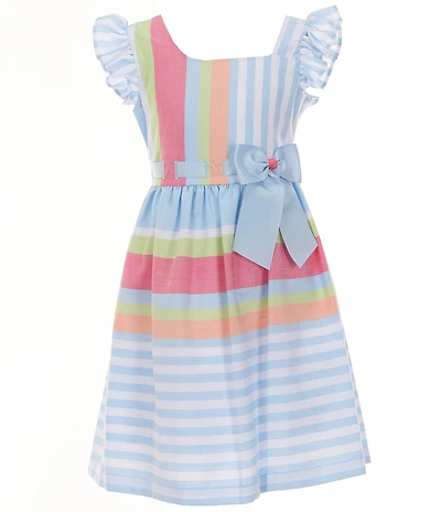 Bonnie Jean Big Girls Flutter-Sleeve Mixed-Media Thin/Wide-Stripe Fit-And-Flare Dress