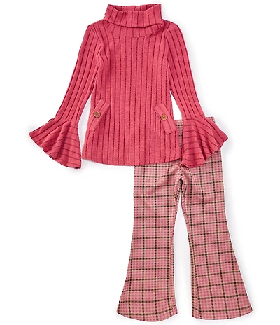 Bonnie Jean Big Girls Long Sleeve Rib-Knit Top & Plaid Flared-Leg Double-Knit Pant Set