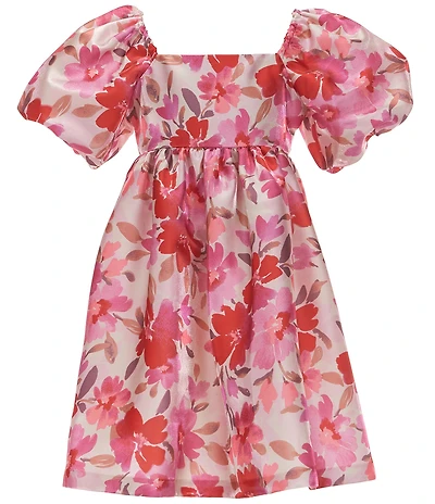 Bonnie Jean Big Girls Puffed-Sleeve Floral-Printed Satin Fit & Flare Dress