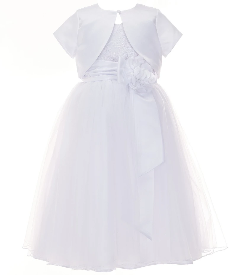 Bonnie Jean Big Girls Short Sleeve Matte Satin Bolero & Sleeveless Embroidered/Tulle Dress Set