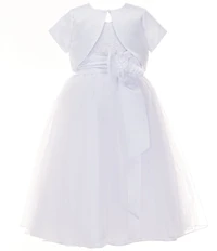 Bonnie Jean Big Girls Short Sleeve Matte Satin Bolero & Sleeveless Embroidered/Tulle Dress Set