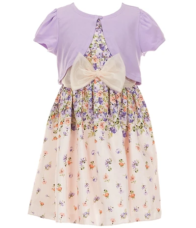 Bonnie Jean Big Girls Short Sleeve Solid Knit Cardigan & Sleeveless Floral Shantung Reverse Border Dress Set