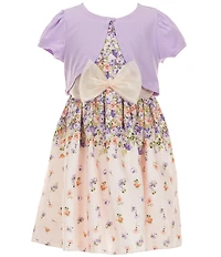 Bonnie Jean Big Girls Short Sleeve Solid Knit Cardigan & Sleeveless Floral Shantung Reverse Border Dress Set