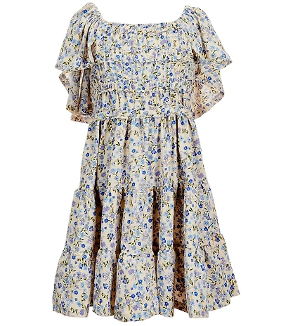 Bonnie Jean Big Girls Butterfly-Sleeve Floral-Printed Tiered-Skirted Fit-And-Flare Dress