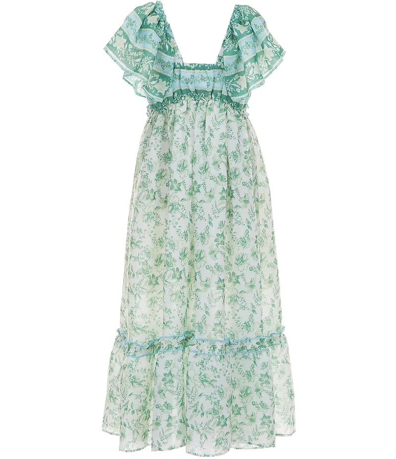 Bonnie Jean Big Girls Flutter Sleeve Floral Border Printed Ruffle Maxi Dress