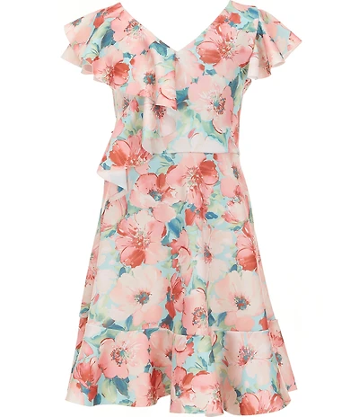 Bonnie Jean Big Girls Flutter-Sleeve Floral-Printed Fit-And-Flare Dress