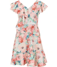 Bonnie Jean Big Girls Flutter-Sleeve Floral-Printed Fit-And-Flare Dress
