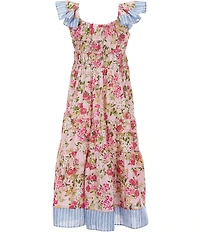 Bonnie Jean Big Girls Flutter-Sleeve Floral/Stripe Mixed-Printed Long Dress
