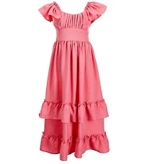 Bonnie Jean Big Girls Flutter-Sleeve Ruffle-Tiered-Skirt Linen Look Maxi Dress
